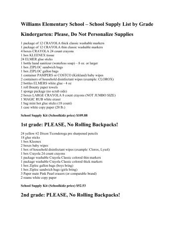 Williams Elementary School â School Supply List by Grade ...