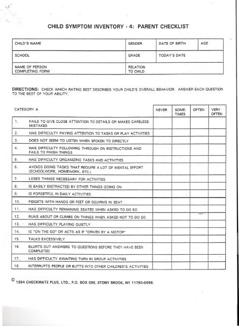 child symptom inventory -4: parent checklist - Mydoctor.ca