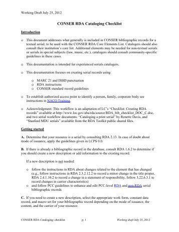CONSER RDA Cataloging Checklist - Harep.org
