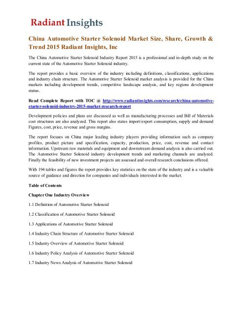 China Automotive Starter Solenoid Market Size, Share, Growth & Trend 2015 Radiant Insights, Inc.pdf