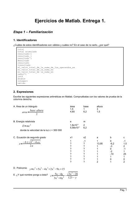 Ejercicios de Matlab. Entrega 1. - FI-UAEMex