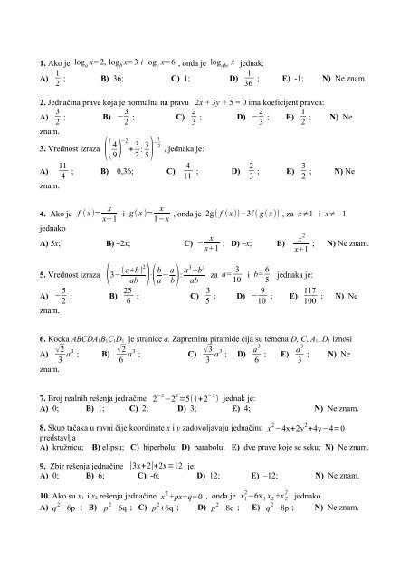 Primer testa iz matematike (pdf)