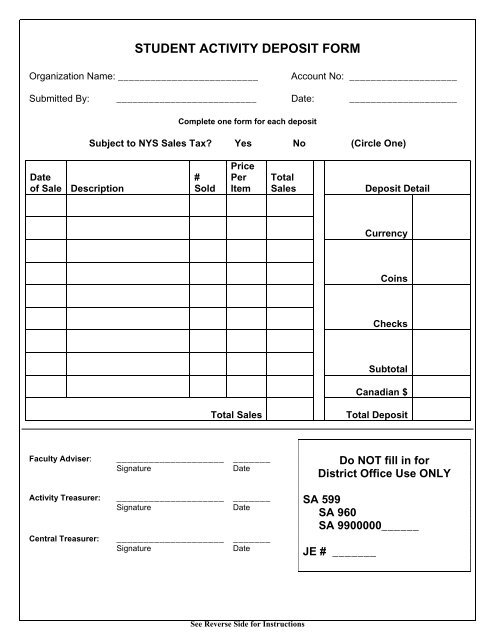 STUDENT ACTIVITY DEPOSIT FORM - Business Services