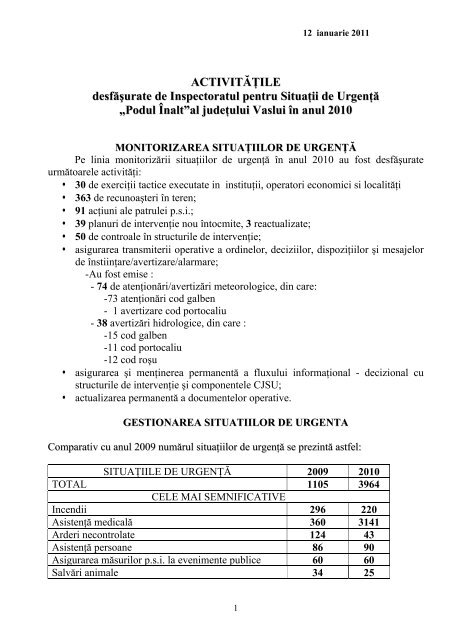 Analiza activitÄÅ£ii I.S.U.J. VASLUI pentru anul 2010 - Inspectoratul ...