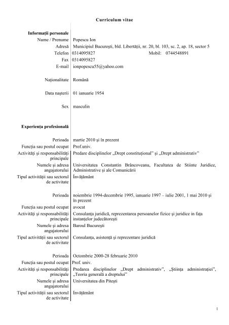 Curriculum vitae InformaÅ£ii personale Nume / Prenume Popescu Ion ...