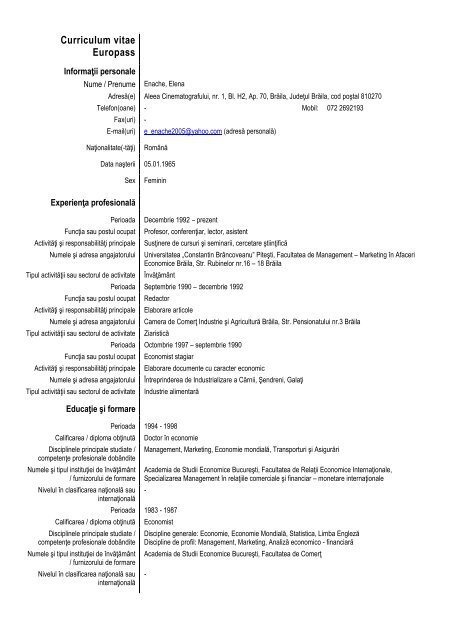 Curriculum vitae Europass - Universitatea Constantin Brancoveanu