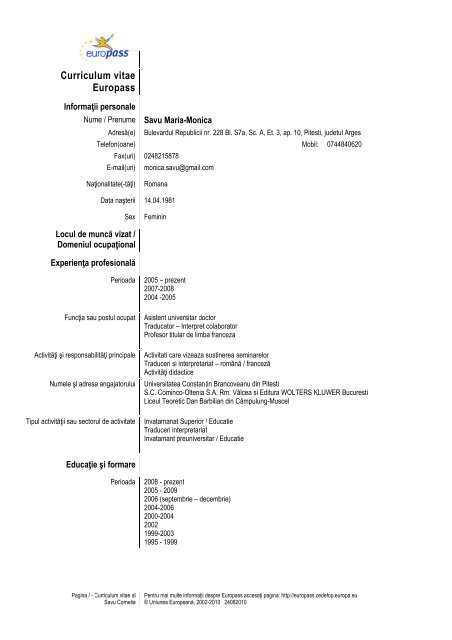 Curriculum vitae Europass - Universitatea Constantin Brancoveanu