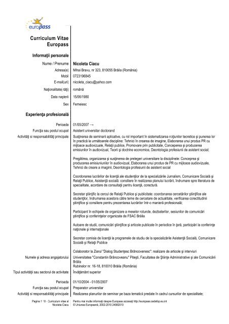 Curriculum Vitae Europass - Universitatea Constantin Brancoveanu