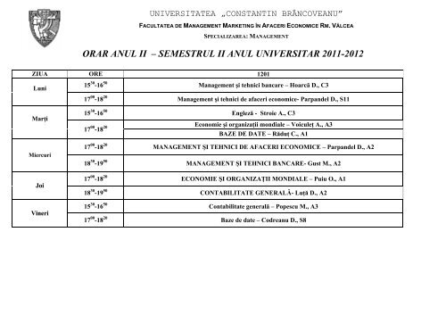 orar anul ii â semestrul ii anul universitar 2011-2012 - Universitatea ...