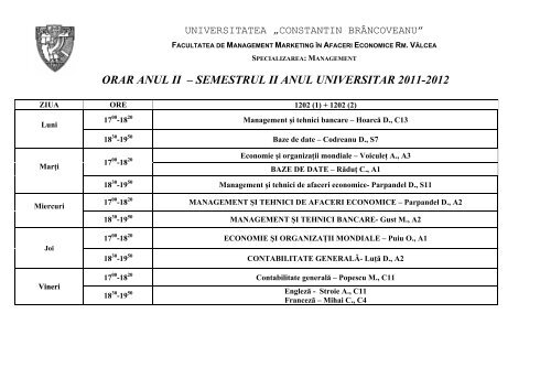 orar anul ii â semestrul ii anul universitar 2011-2012 - Universitatea ...