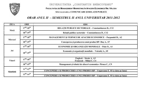 orar anul ii â semestrul ii anul universitar 2011-2012 - Universitatea ...