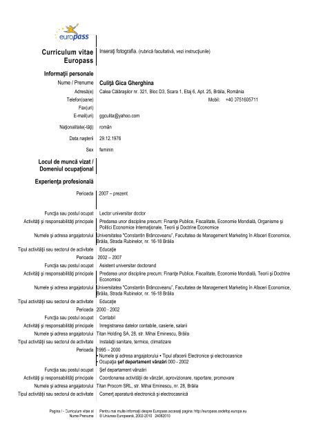 Curriculum vitae Europass - Universitatea Constantin Brancoveanu