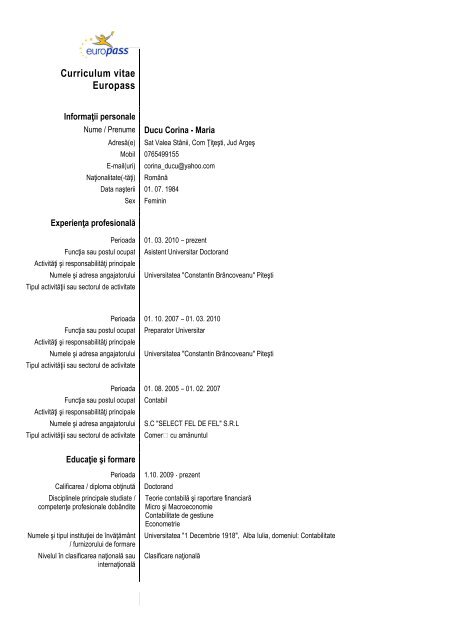 Curriculum vitae Europass - Universitatea Constantin BrÃ¢ncoveanu