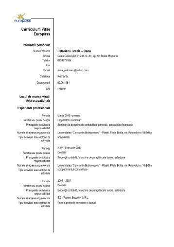 Curriculum vitae Europass - Universitatea Constantin BrÃ¢ncoveanu