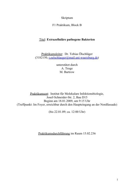 Skriptum F1 Praktikum, Block B Titel: ExtrazellulÃ¤re pathogene ...