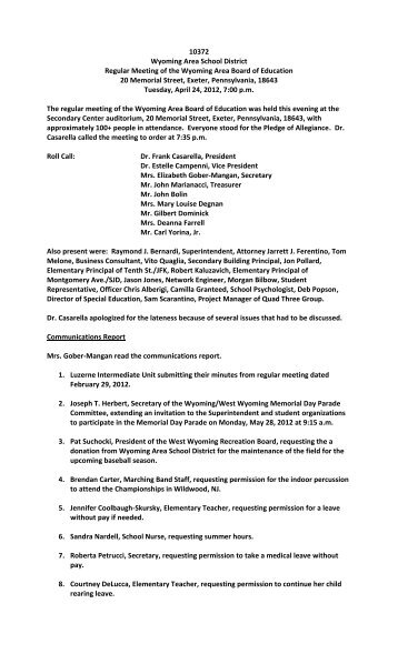 April 2012 Approved Minutes - Wyoming Area School District