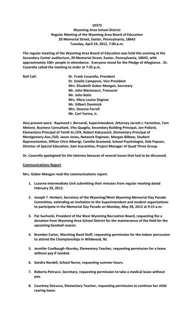 April 2012 Approved Minutes - Wyoming Area School District