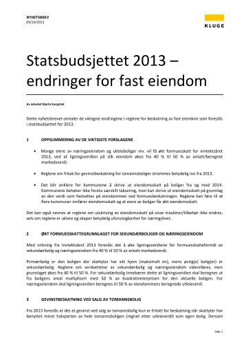 Statsbudsjettet 2013 â endringer for fast eiendom - Kluge