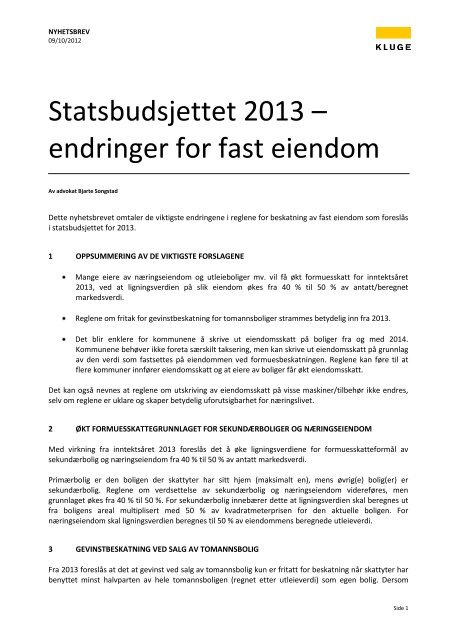 Statsbudsjettet 2013 â endringer for fast eiendom - Kluge