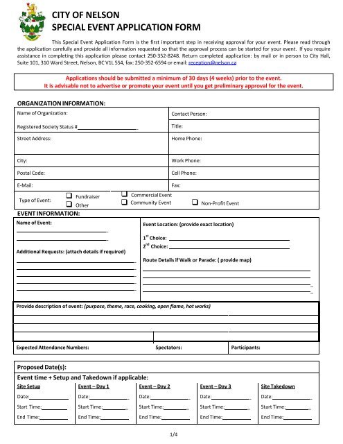 CITY OF NELSON SPECIAL EVENT APPLICATION FORM
