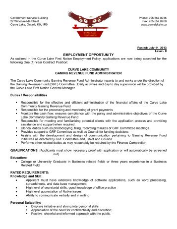 EMPLOYMENT OPPORTUNITY - Curve Lake First Nation