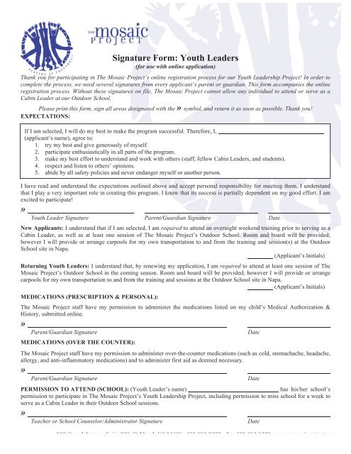Signature Form: Youth Leaders - The Mosaic Project