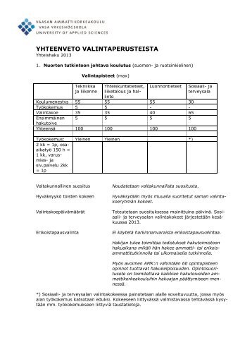 Yhteenveto valintaperusteista - Vaasan ammattikorkeakoulu