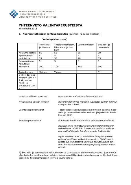 Yhteenveto valintaperusteista - Vaasan ammattikorkeakoulu