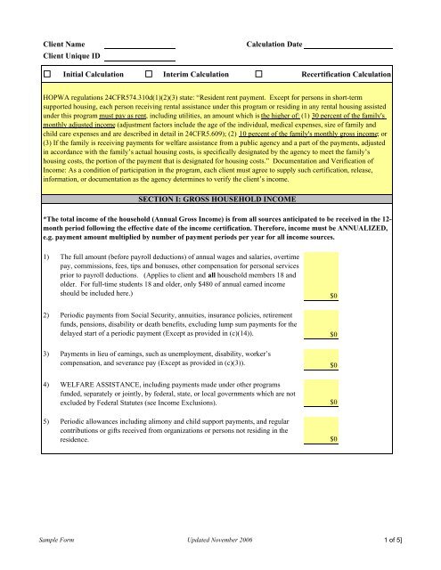 Income & Resident Rent Calculation Worksheet - OneCPD