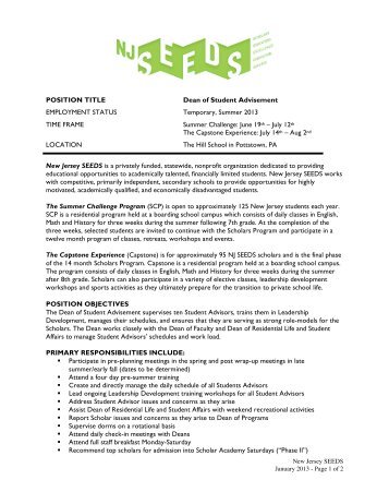 NJ SEEDS Job Description - Dean of Student Advisement 2013