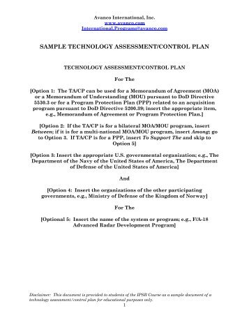 sample technology assessment/control plan - Avanco International ...