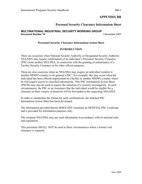 APPENDIX BB Personal Security Clearance Information Sheet