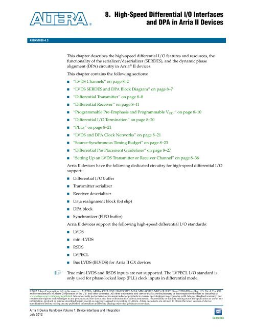 High-Speed Differential I/O Interfaces and DPA in Arria II ... - Altera