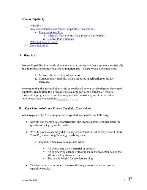 Process Capability I. What is it? II. Key Characteristic and Process ...