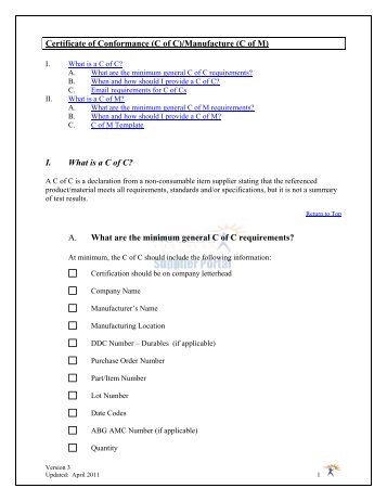 Certificate of Conformance (C of C)/Manufacture (C of M) I ... - Amway