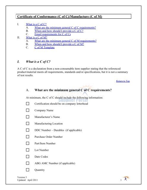 Certificate of Conformance (C of C)/Manufacture (C of M) I ... - Amway