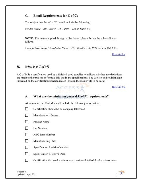 Certificate of Conformance (C of C)/Manufacture (C of M) I ... - Amway