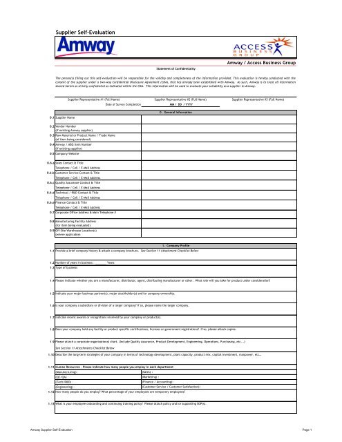 Supplier Self Evaluation Sse Form Rev 02 Amway