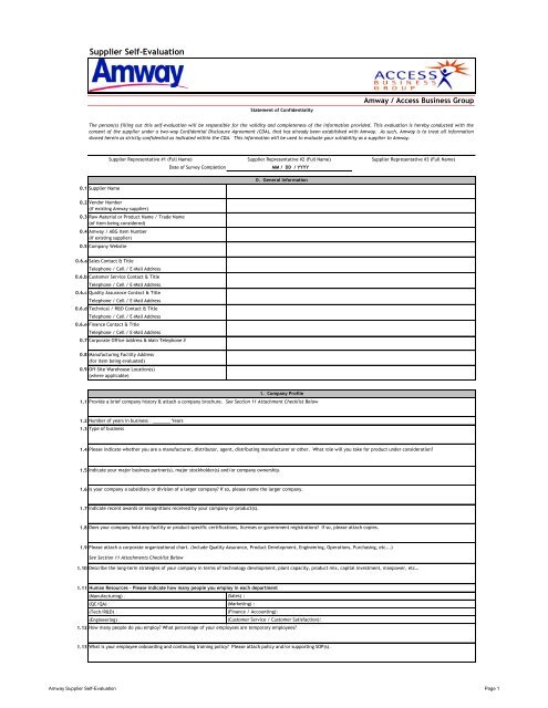 Supplier Self-Evaluation (SSE) Form Rev.02 - Amway