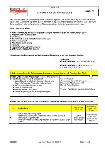 finden Sie beispielhaft einen Auszug aus der Auditcheckliste