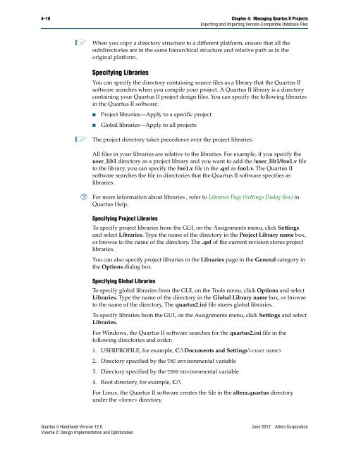 Managing Quartus II Projects, Quartus II Handbook version ... - Altera