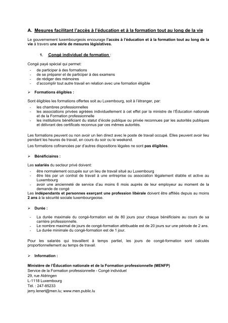 A. Mesures facilitant l'accès à l'éducation et à la formation tout au ...