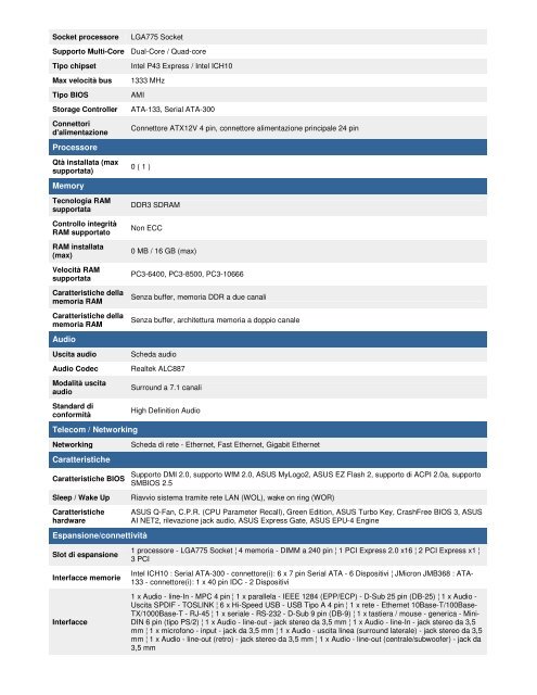 Asus P5P43TD Specifiche - OMNIA SISTEMI di Dario Farina
