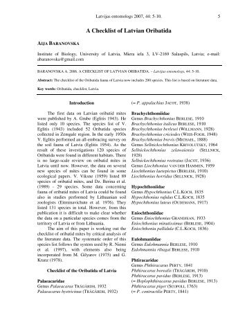 A Checklist of Latvian Oribatida - Entomological Society of Latvia