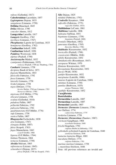 ch eck â lis t of la tvia n beetles (ins ecta : coleoptera - Entomological ...