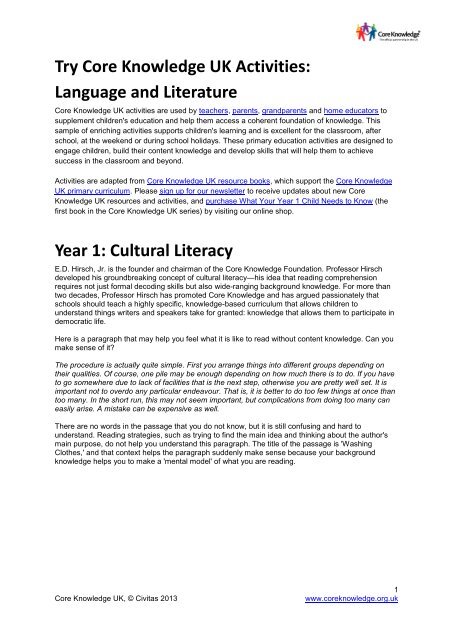 Try Core Knowledge UK Activities: Language and Literature Year 1 ...