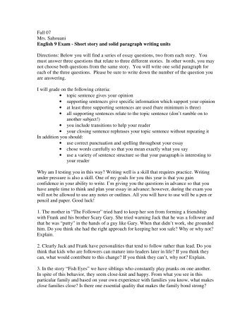 Fall 07 Mrs. Sahouani English 9 Exam - Short story and ... - InforMNs