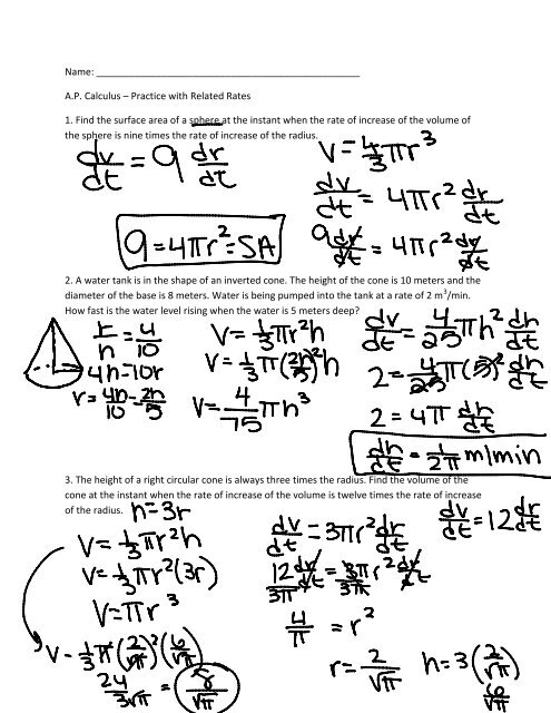 Practice with Related Rates answer key