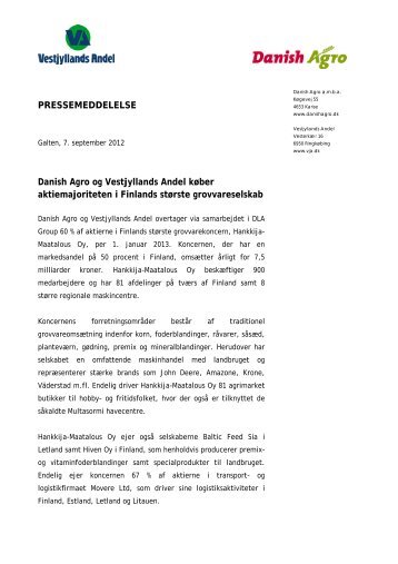 PRESSEMEDDELELSE Danish Agro og Vestjyllands ... - DLA Agro