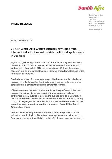 PRESS RELEASE 75 % of Danish Agro Group's ... - DLA Group